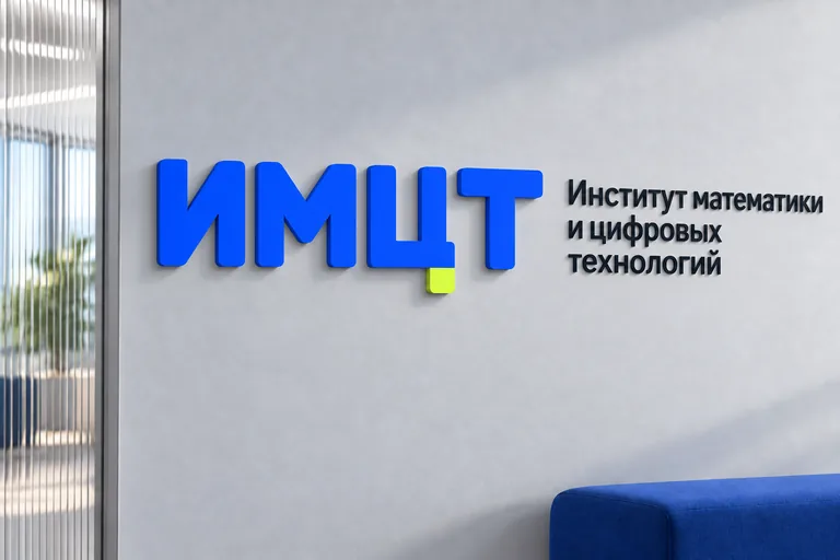 Мокап объёмной синей вывески ИМЦТ с русским дескриптором на светлой стене