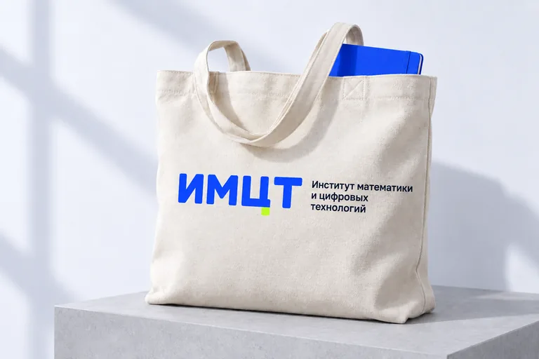 Мокап светлого шопера с синим логотипом ИМЦТ и дескриптором Институт математики и цифровых технологий